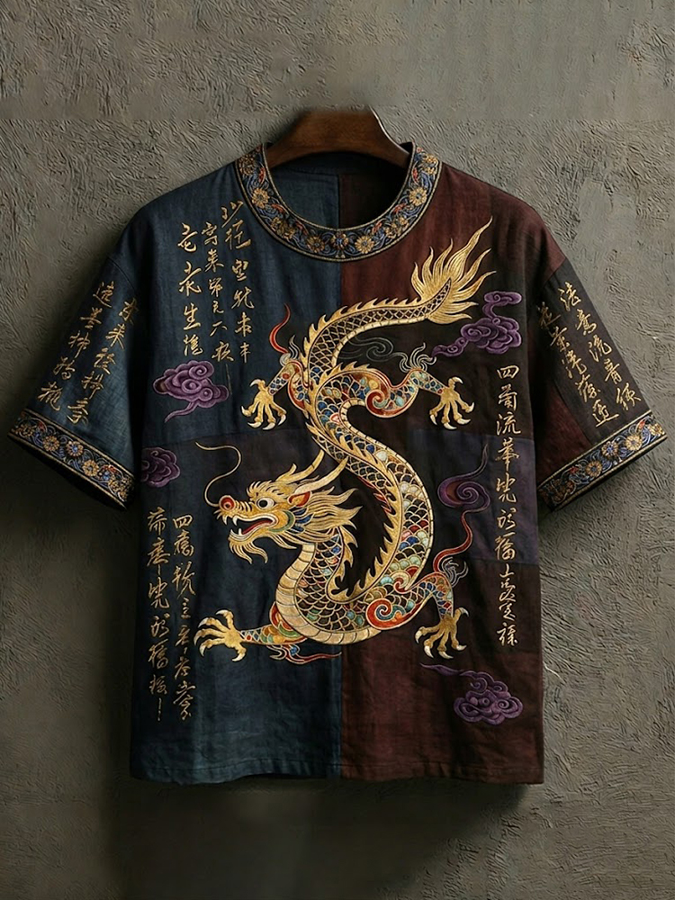 Men's Vintage Japanese Calligraphy Dragon Art Short Sleeve Linen Blend  T-shirt