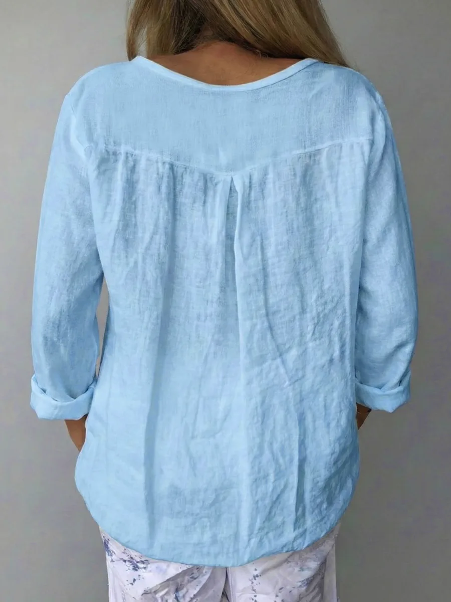 Women's V-neck Long-sleeved Cotton And Linen Top