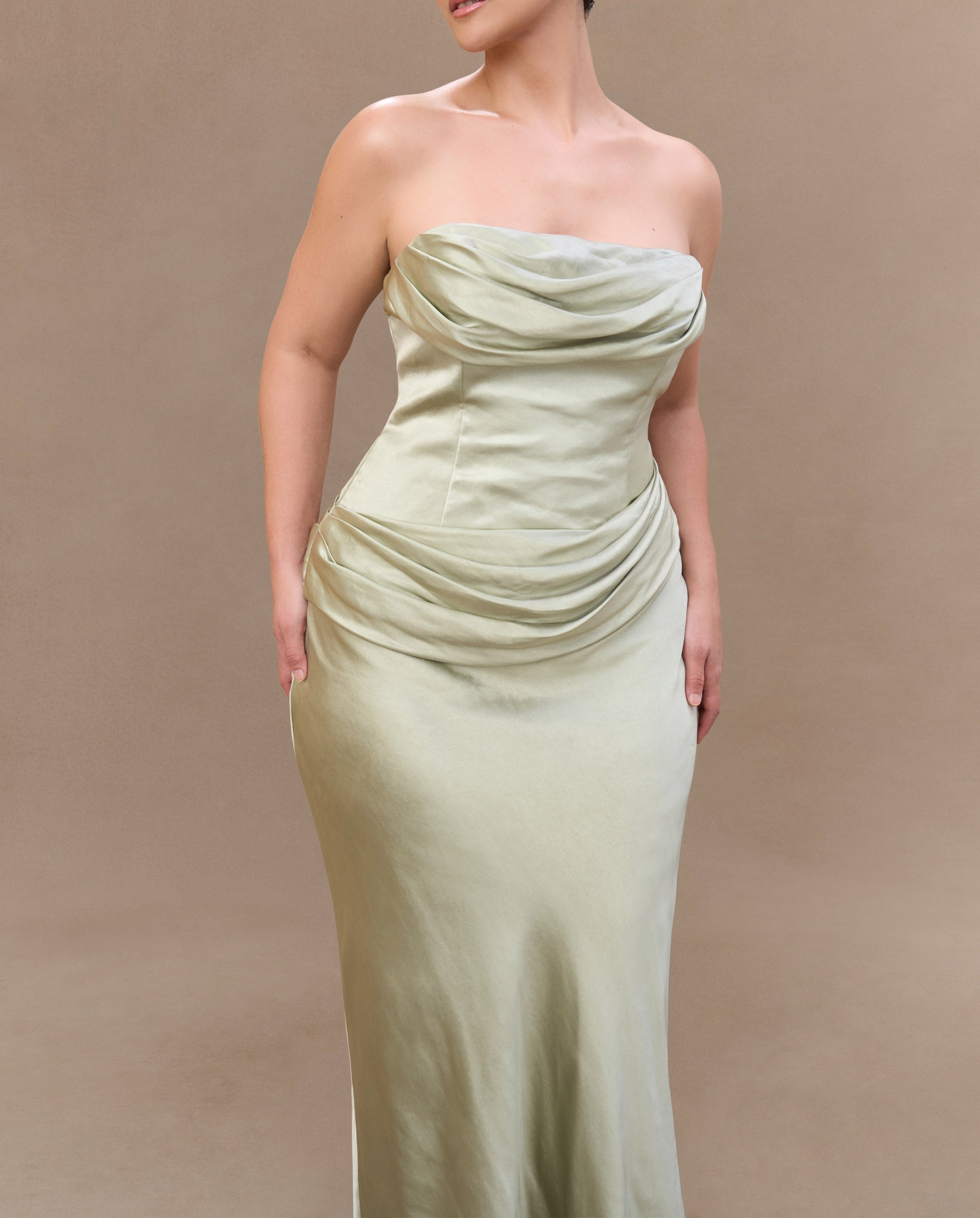 Sage Strapless Satin Maxi Dress