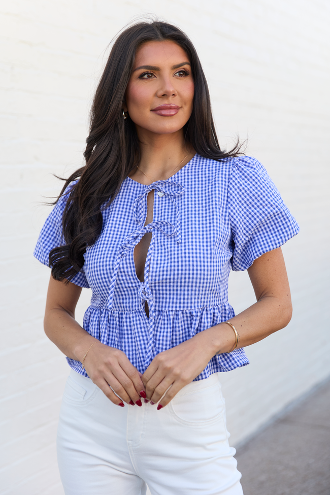 Mila Blue Gingham Tie Front Flounce Woven Blouse