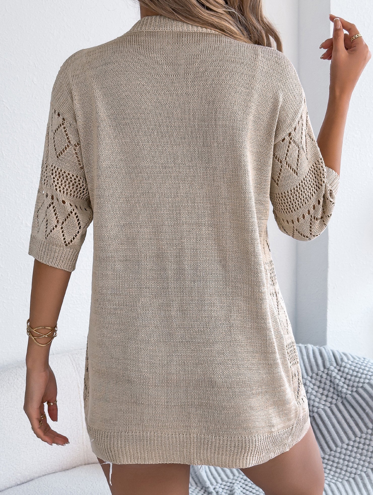 Solid Hollow Mid Sleeve Knit Cardigan