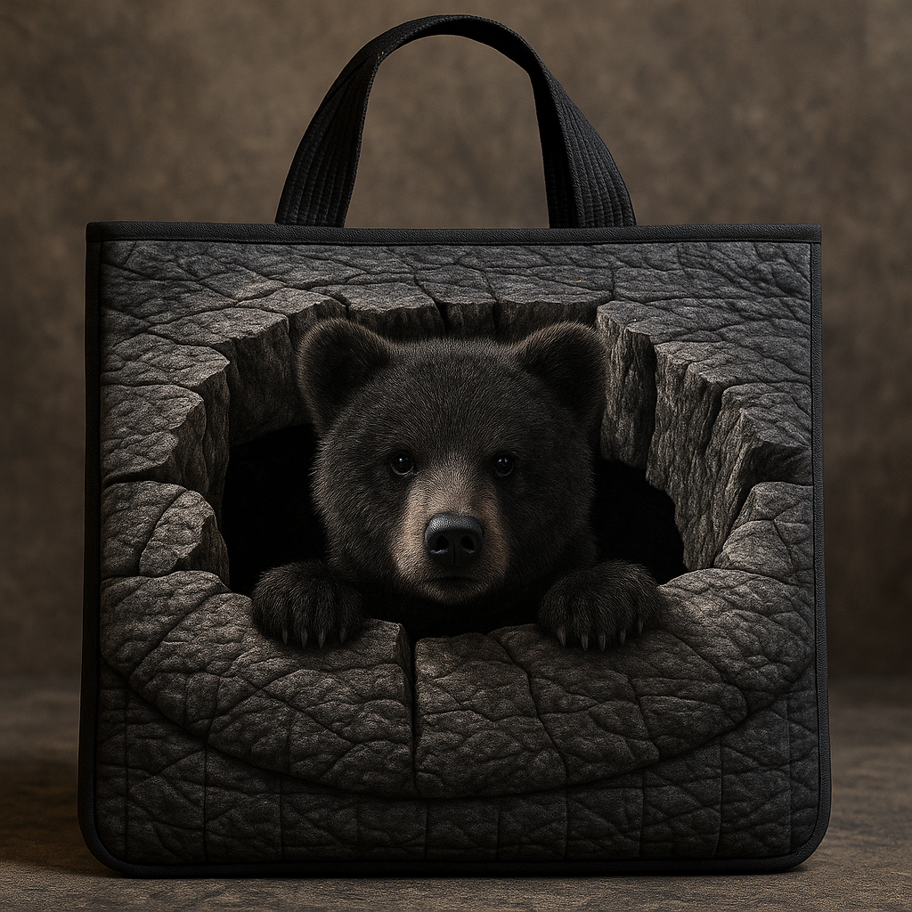 Whispers of the Cave — 3D Bear Cub Quilted Tote Bag ✨