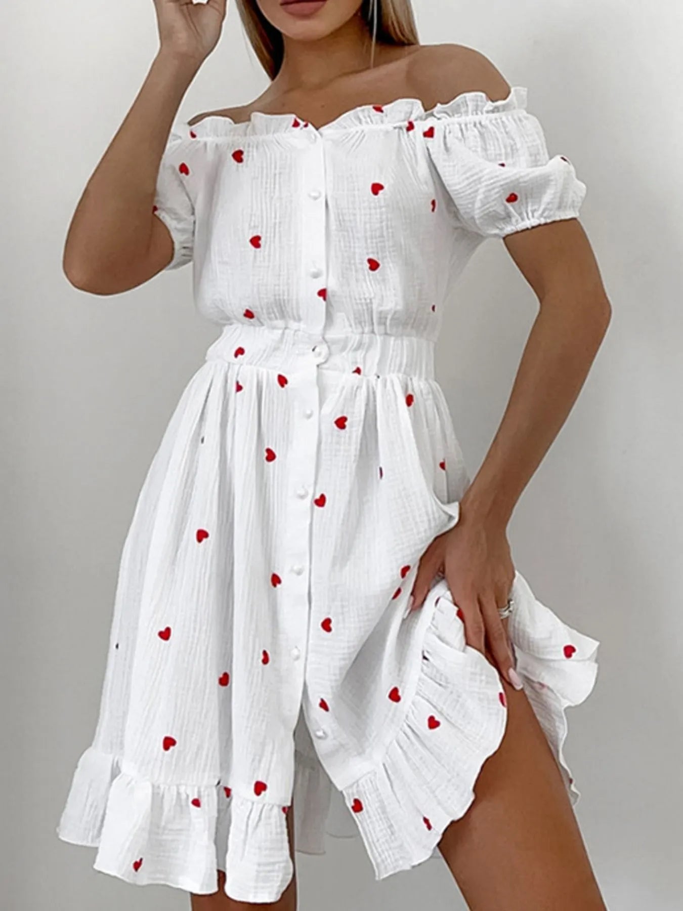 Heart Printed Off-Shoulder Ruffle Mini Dress