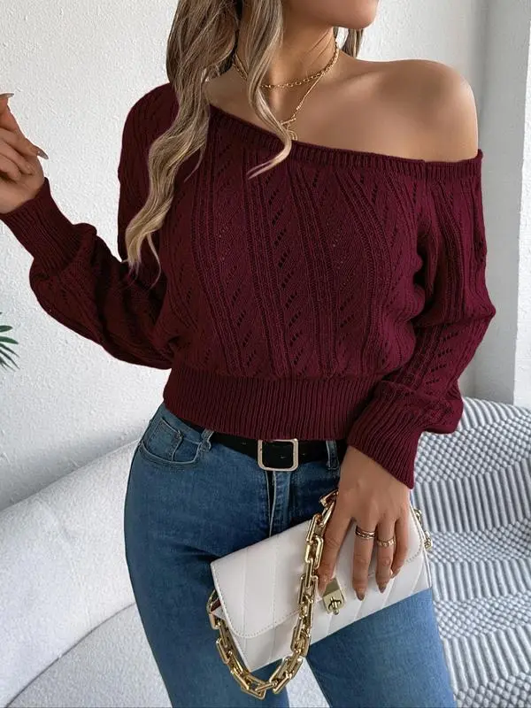 Women's Fall Asymmetrical Neck Hollow-Out Raglan Sweater