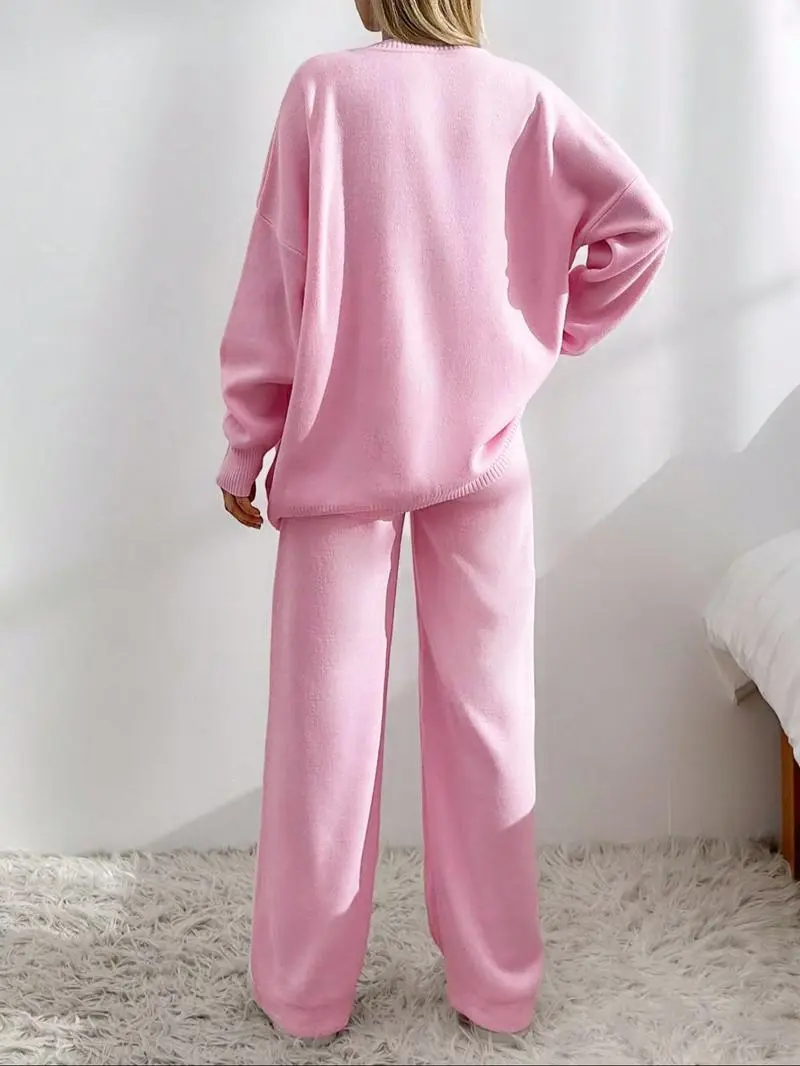 Women's  V Neck Cardigan & Elastic Waist Wide Leg Pants Two-piece Set