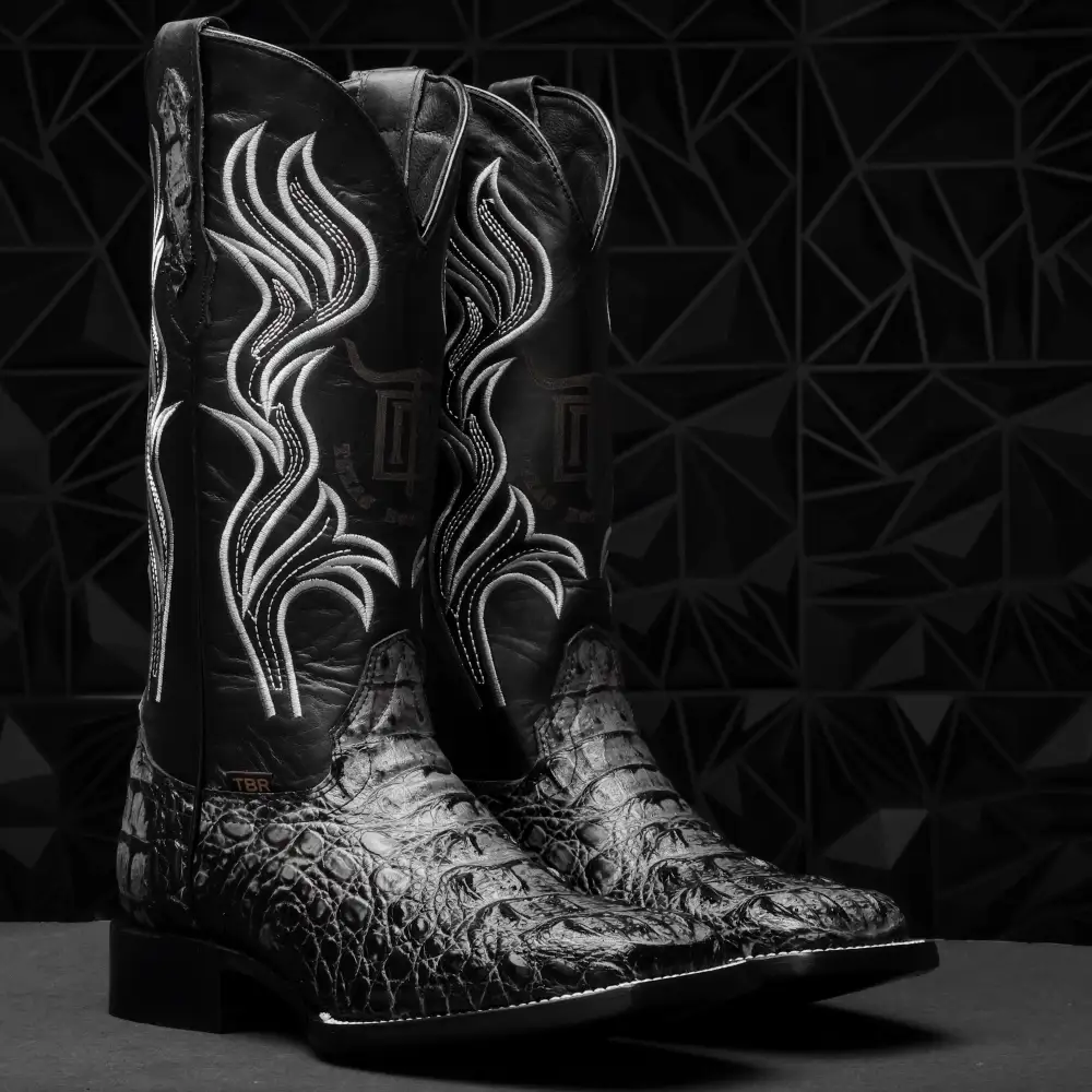 Grey Caiman Neck Leather Boots - Square Toe