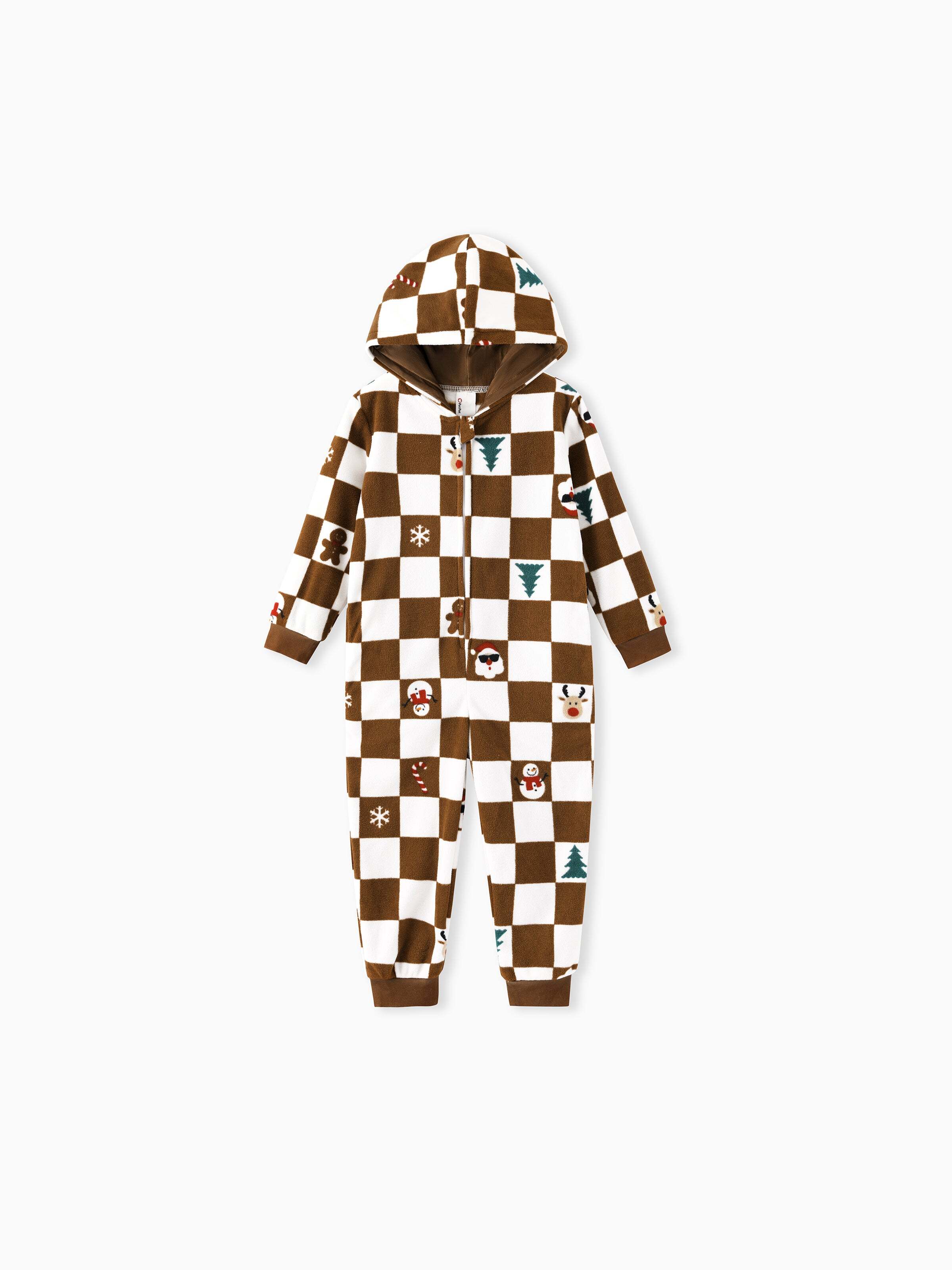 Christmas Onesies Matching Family Fleece Hoodie Pajamas Set Gingerbread Christmas-theme Plaid Print PJS with Christmas Socks Color block