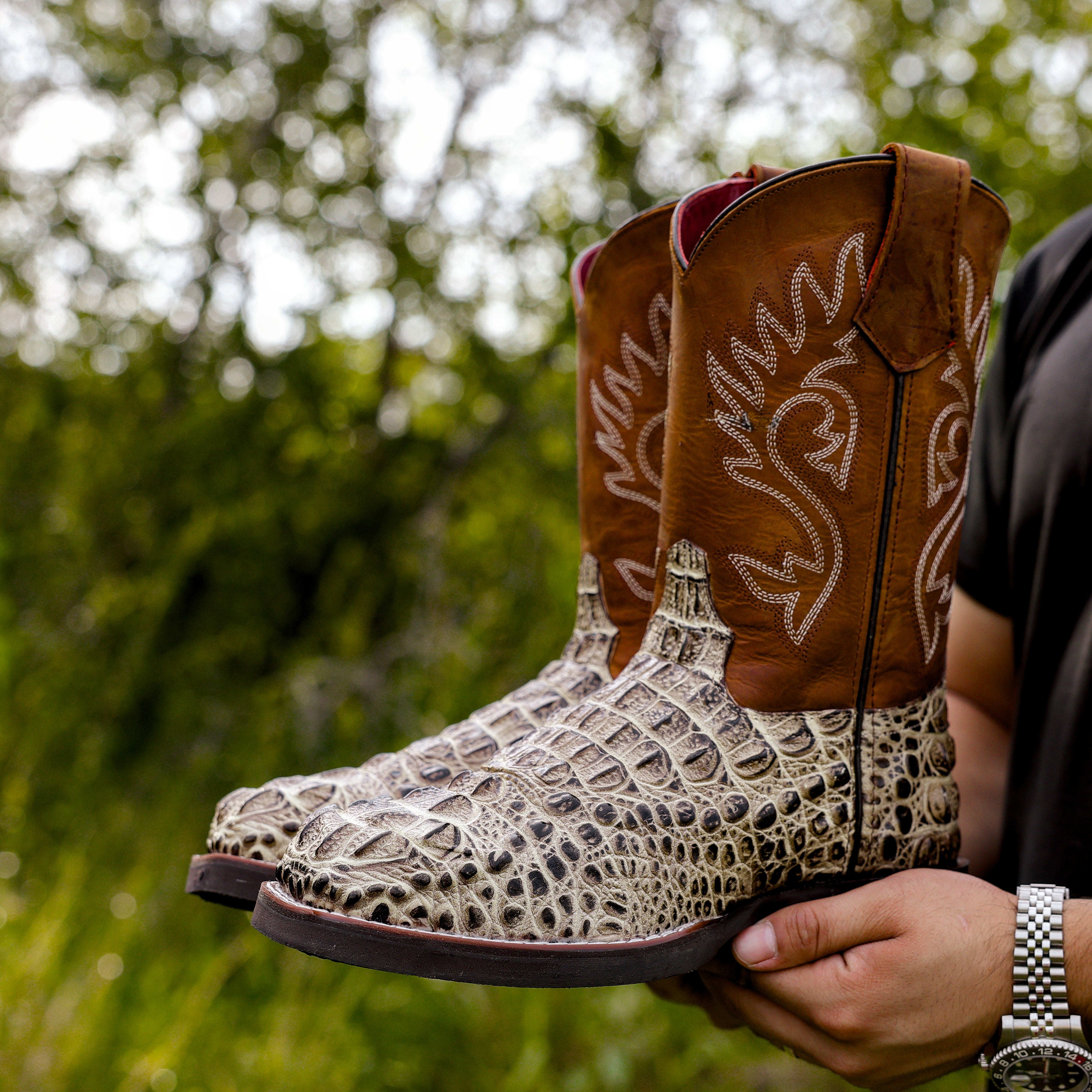 Desert Caiman Neck Leather Boots With Lightweight Soles - Square Toe