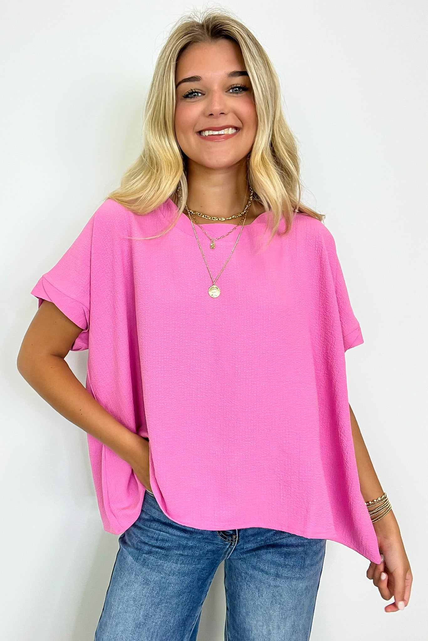 Woven Round Neck Flowy Top