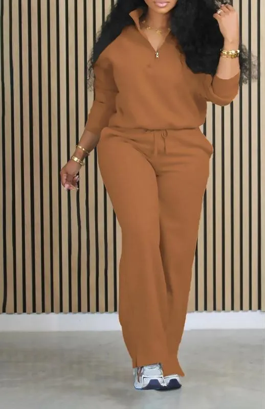 Women's Solid Half Placket Split Hem Pants Set