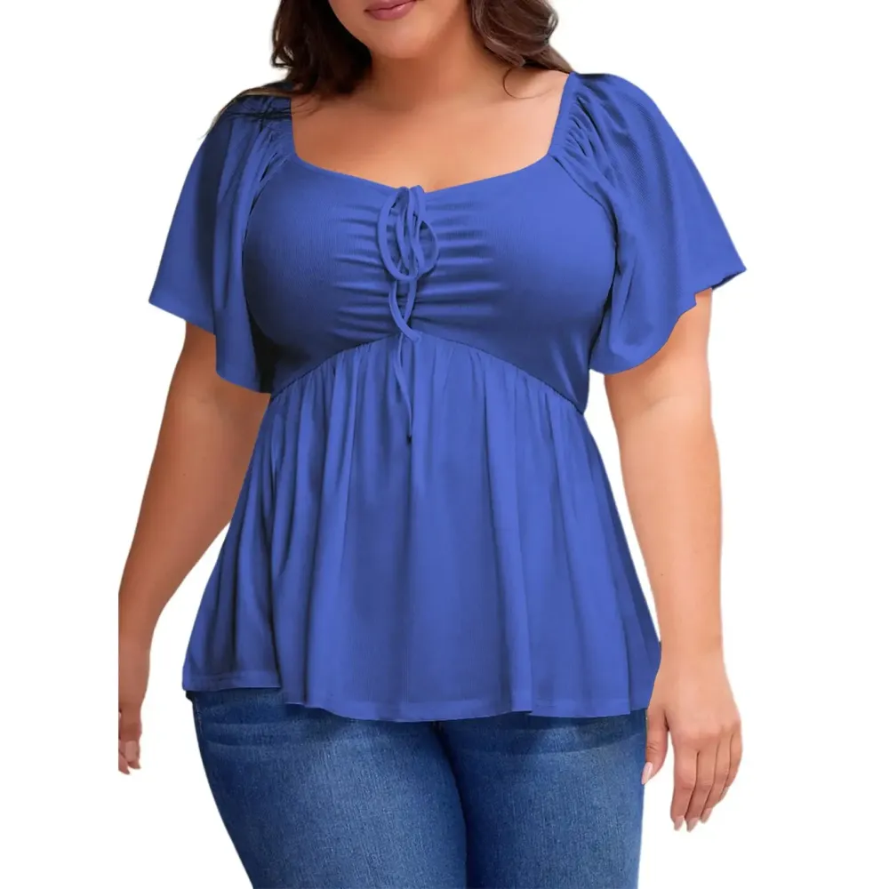 Women Plus Size Sweetheart Neck Short Sleeve Shirred Peplum Blouse Tops Shirts