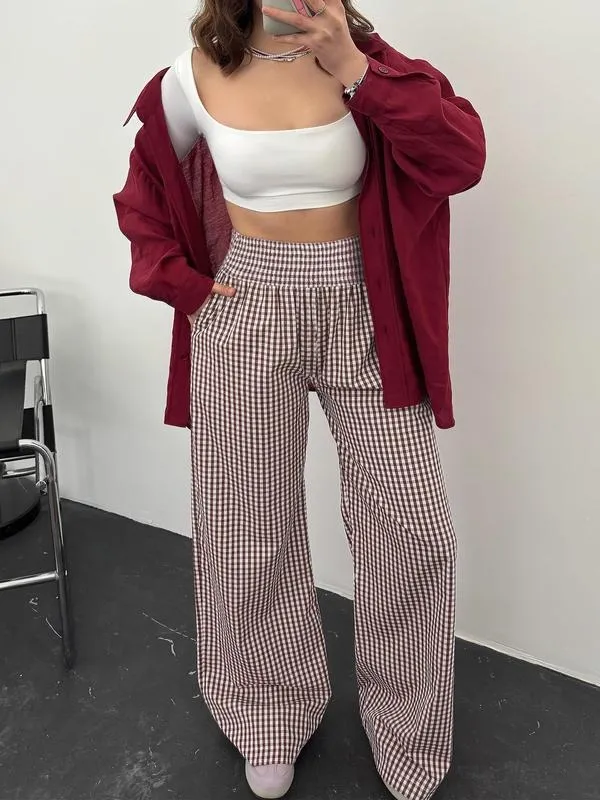 Womens Striped Gingham Palazzo Pants Wide Leg High Waisted Lounge Pajama Pants