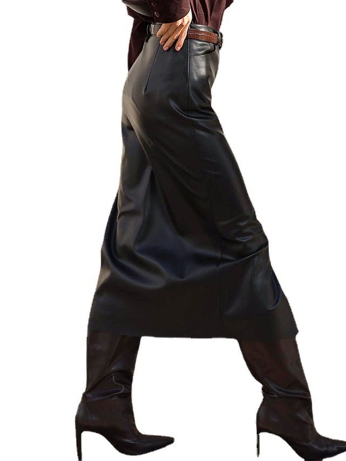 Faux Leather Slit Midi Skirt