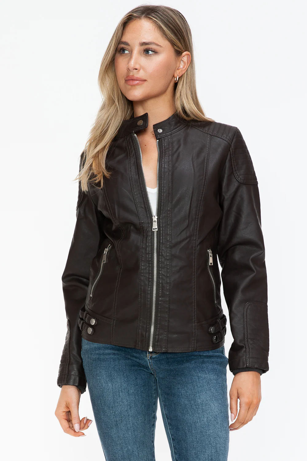 Faux Leather Biker Jacket with Side Zip Pockets