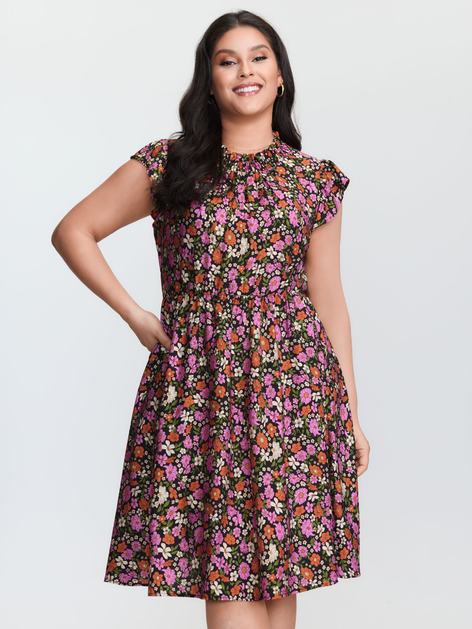 Chic Floral Print Ruffled Mock Neckline Mini Dress