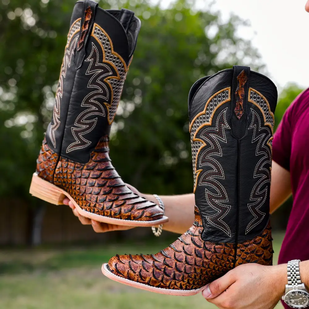 Honey Cognac Python Leather Boots - Square Toe