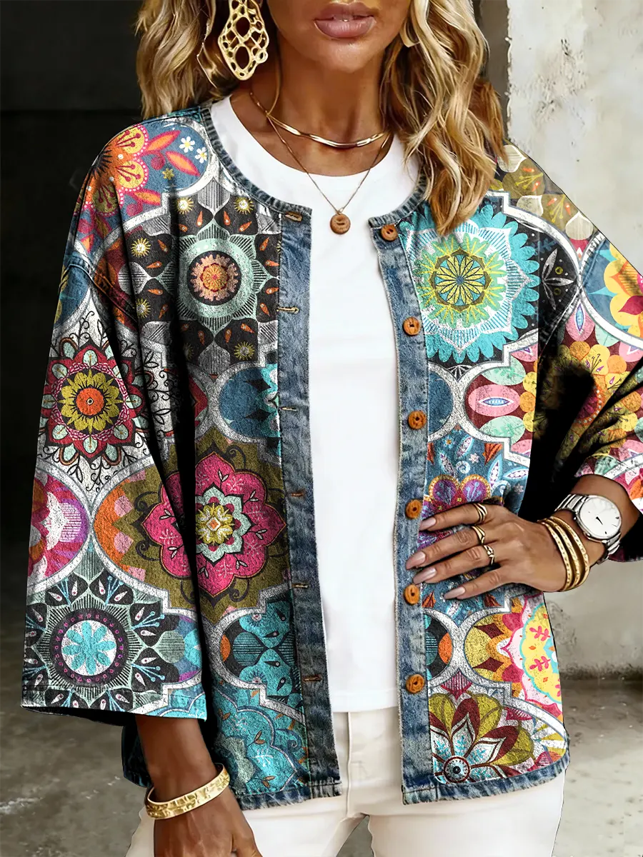 Women's Casual Multicolor Floral Print Button-down Long Sleeved Denim Cardigan