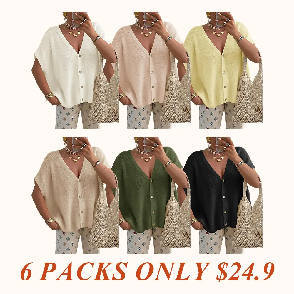 Womens Fall Oversized Cardigans Batwing Short Sleeve Lightweight Button V Neck Casual Knit Sweater Tops