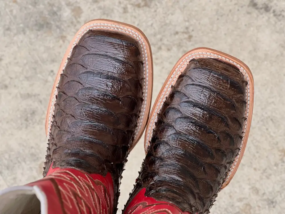 Men’s Brown Python Leather Boots With Red- Brown Embroidery Shaft