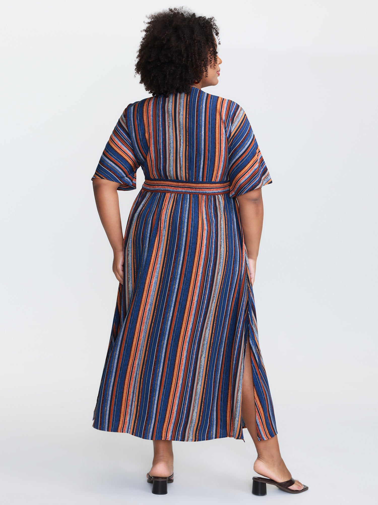 Striped Contrast Dolman Sleeve Shirred Pocket Split Flutter Dress
