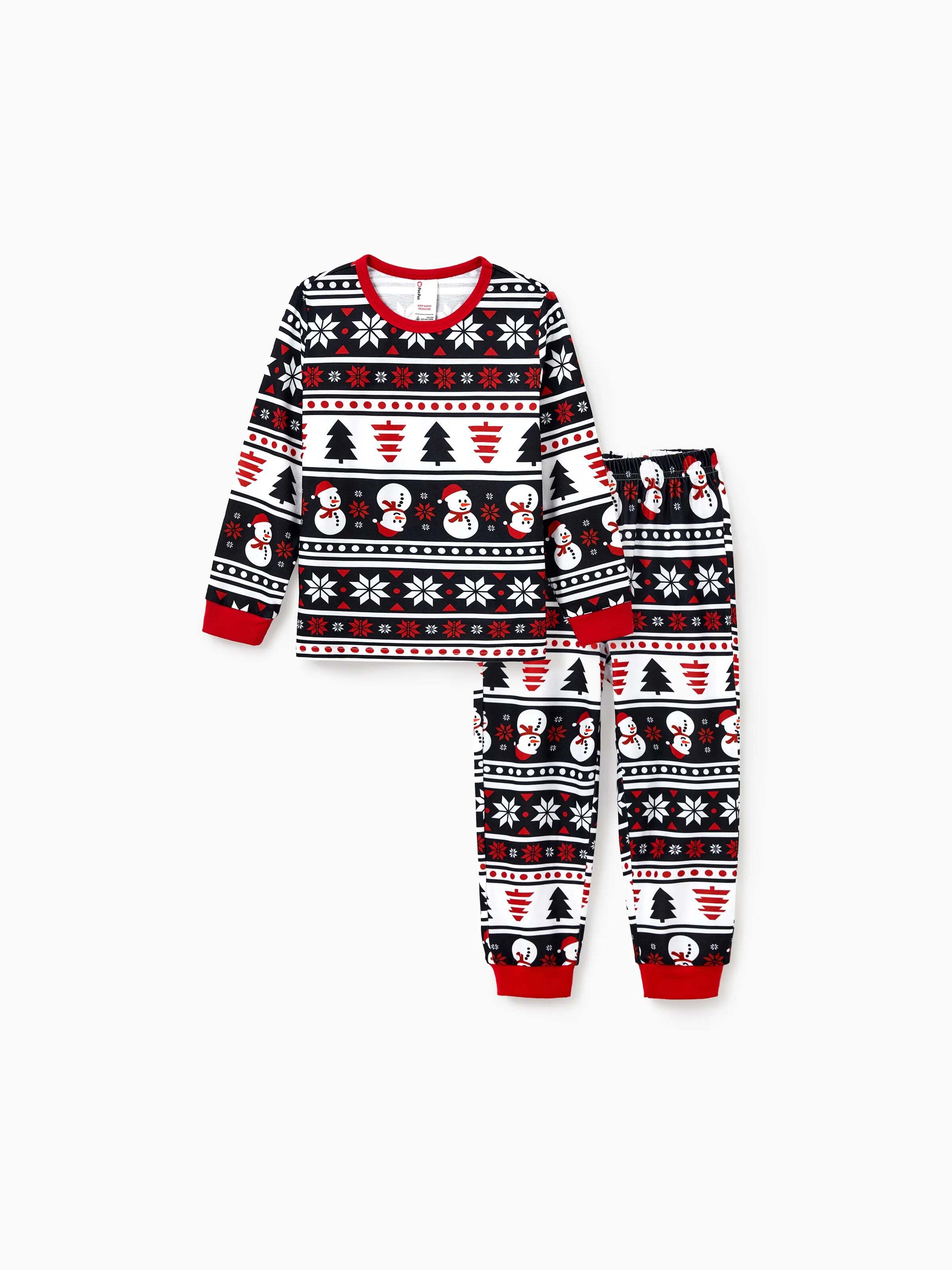 Christmas Matching Family Pajamas Set Snowman and Christmas Tree Print Black PJS with Christmas Socks Black