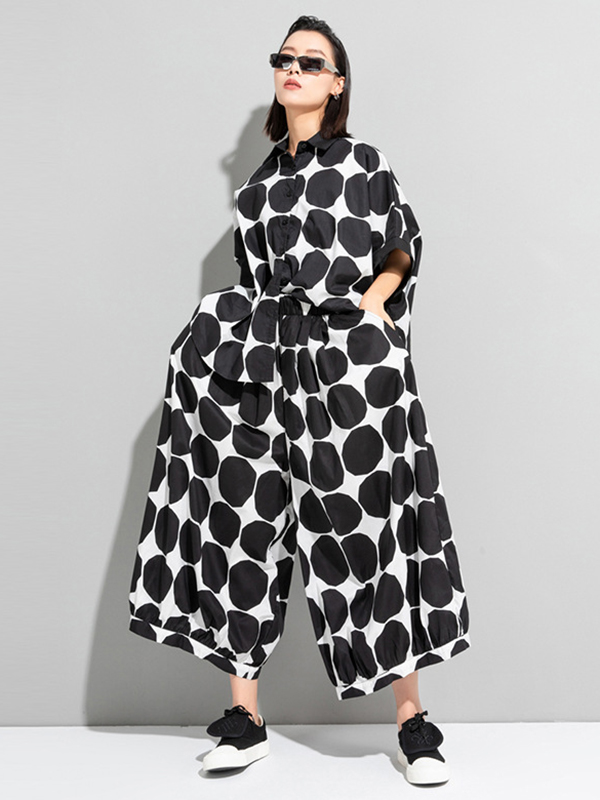Urban White Black Polk-Dot Printed Wide Leg Pants