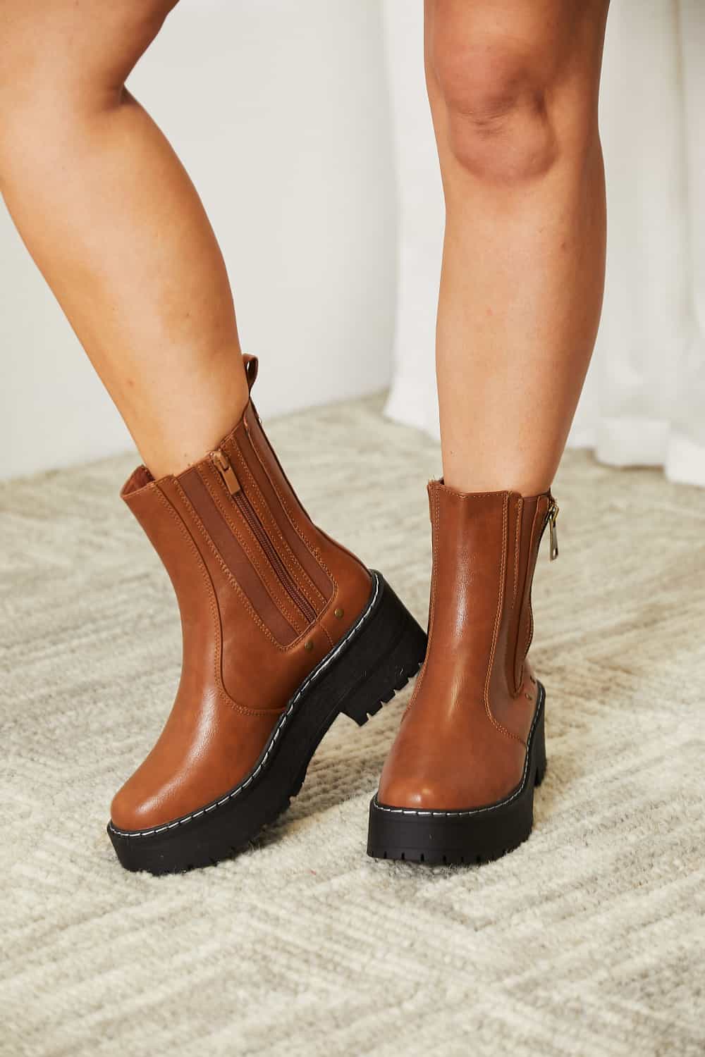 Stepping Up Side Zip Platform Boots in Chestnut Vegan Leather
