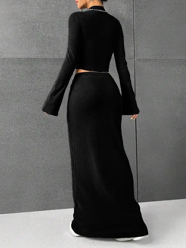 Women's Solid Flounce Sleeve Crop Tee & Skirt Two-piece Set