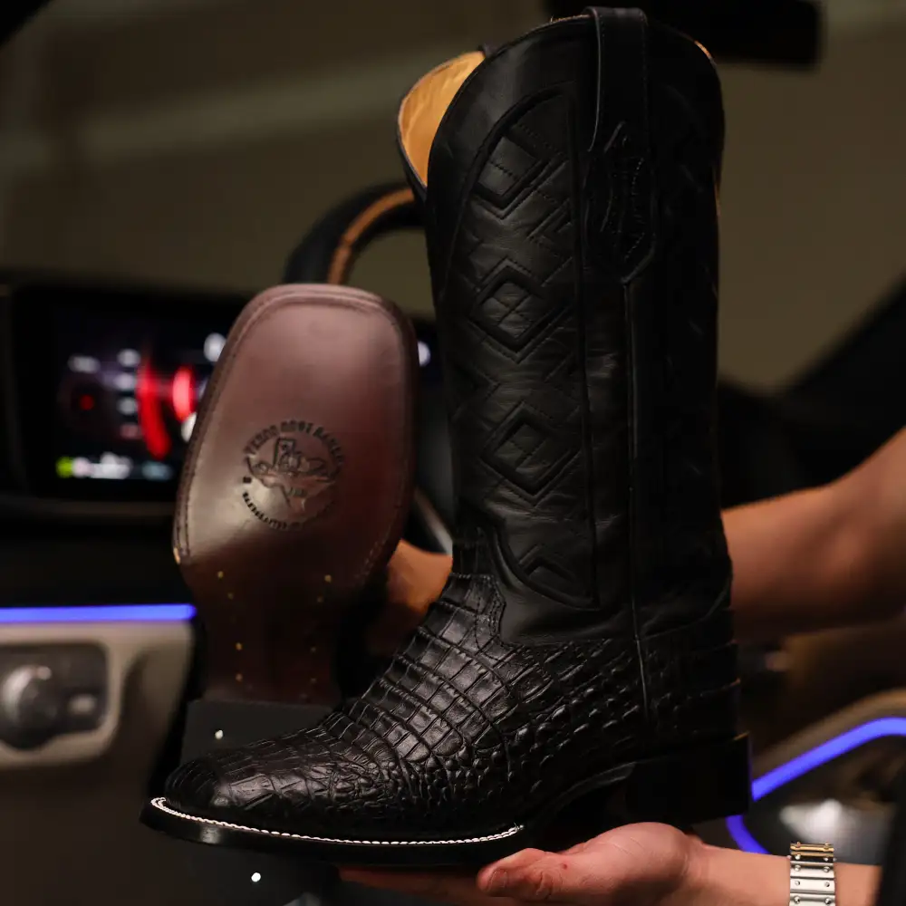 Black American Gator Belly Leather Boots - Square Toe