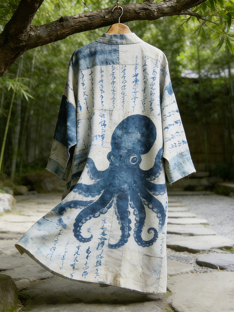 Men's Japanese Art Octopus Font Tie-dye Art And Kimono