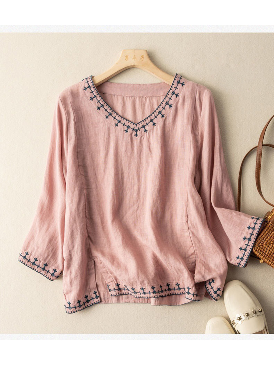 Women's Casual Cotton and Linen Embroidered Shirt