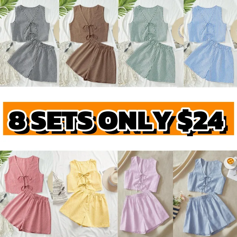 Women's Plaid Print Tank Top & High Waist Shorts Set