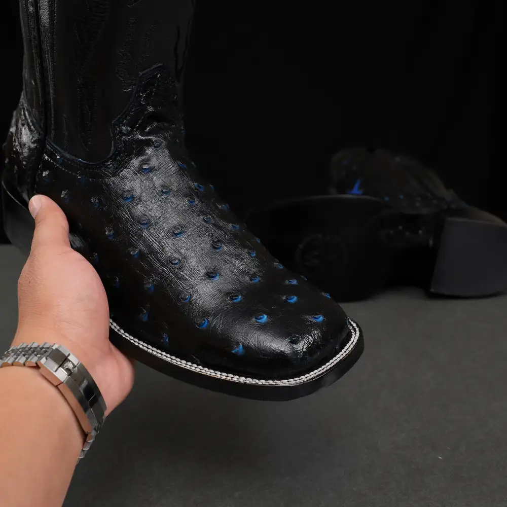 Black/Blue Ostrich Leather Boots - Square Toe