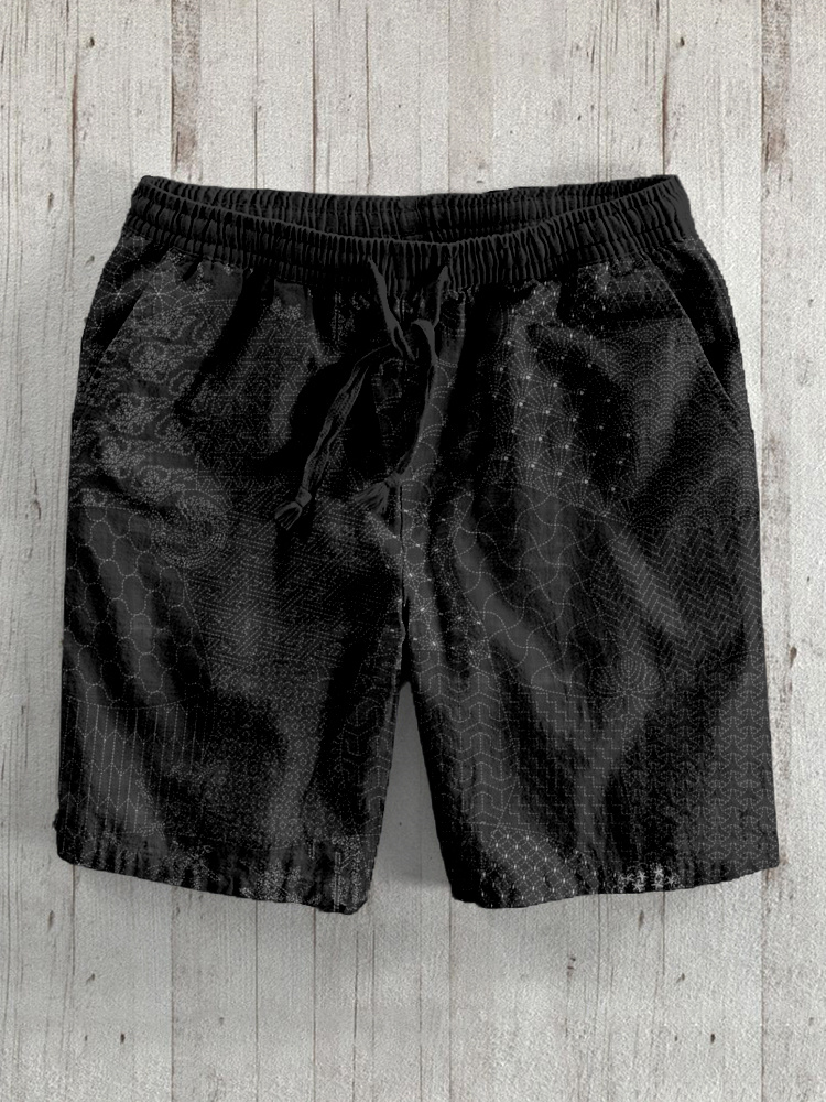 Japanese Traditional Sashiko Art Linen Blend Shorts