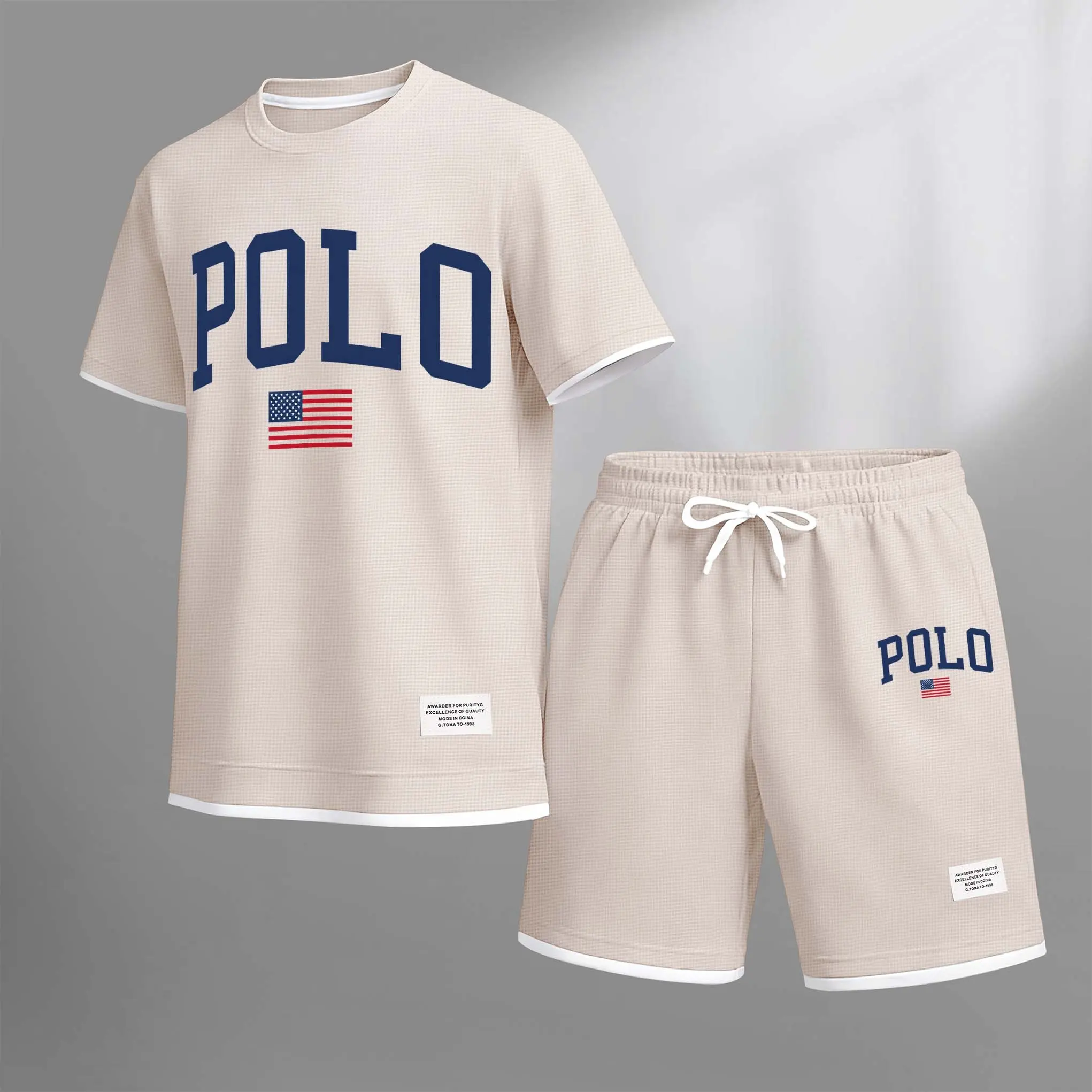Men's Polo Print Drawstring Shorts Set For Spring/Summer- A Casual Summer Outfit, Including A Short-Sleeved Shirt And Shorts