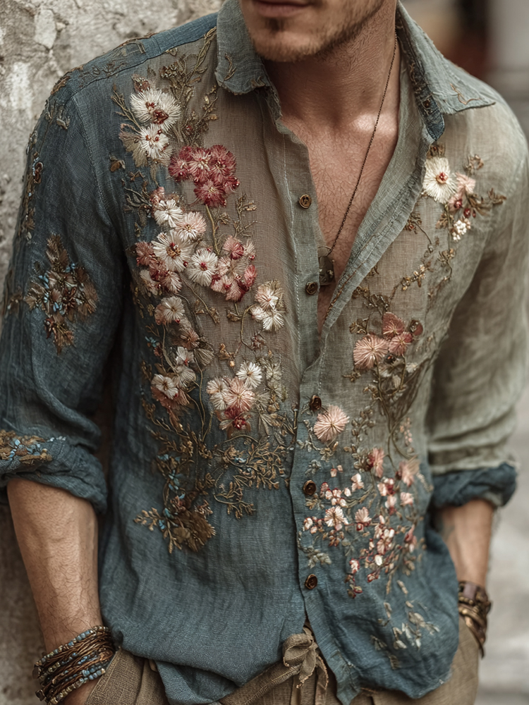 Men's Vintage Flower Embroidery Art Linen Blend Shirt