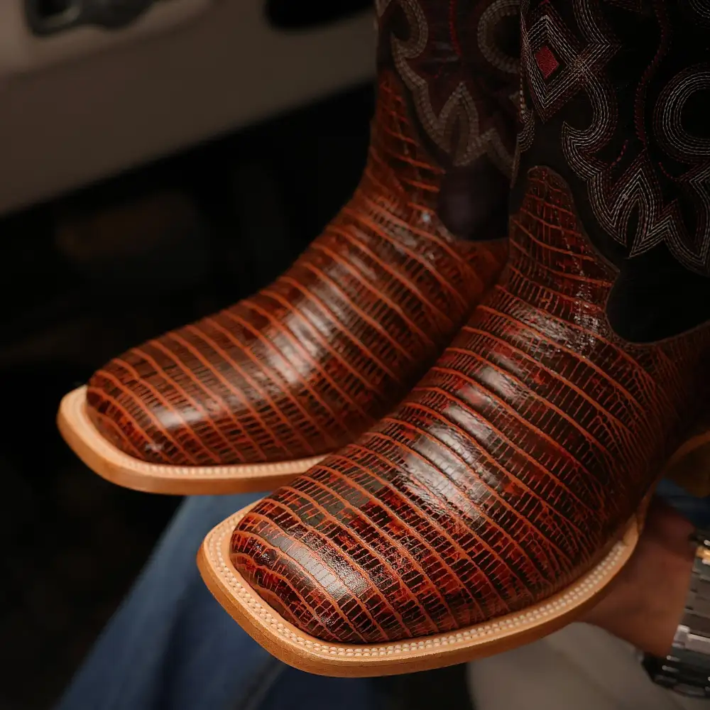 Cognac Lizard Leather Boots — Square Toe