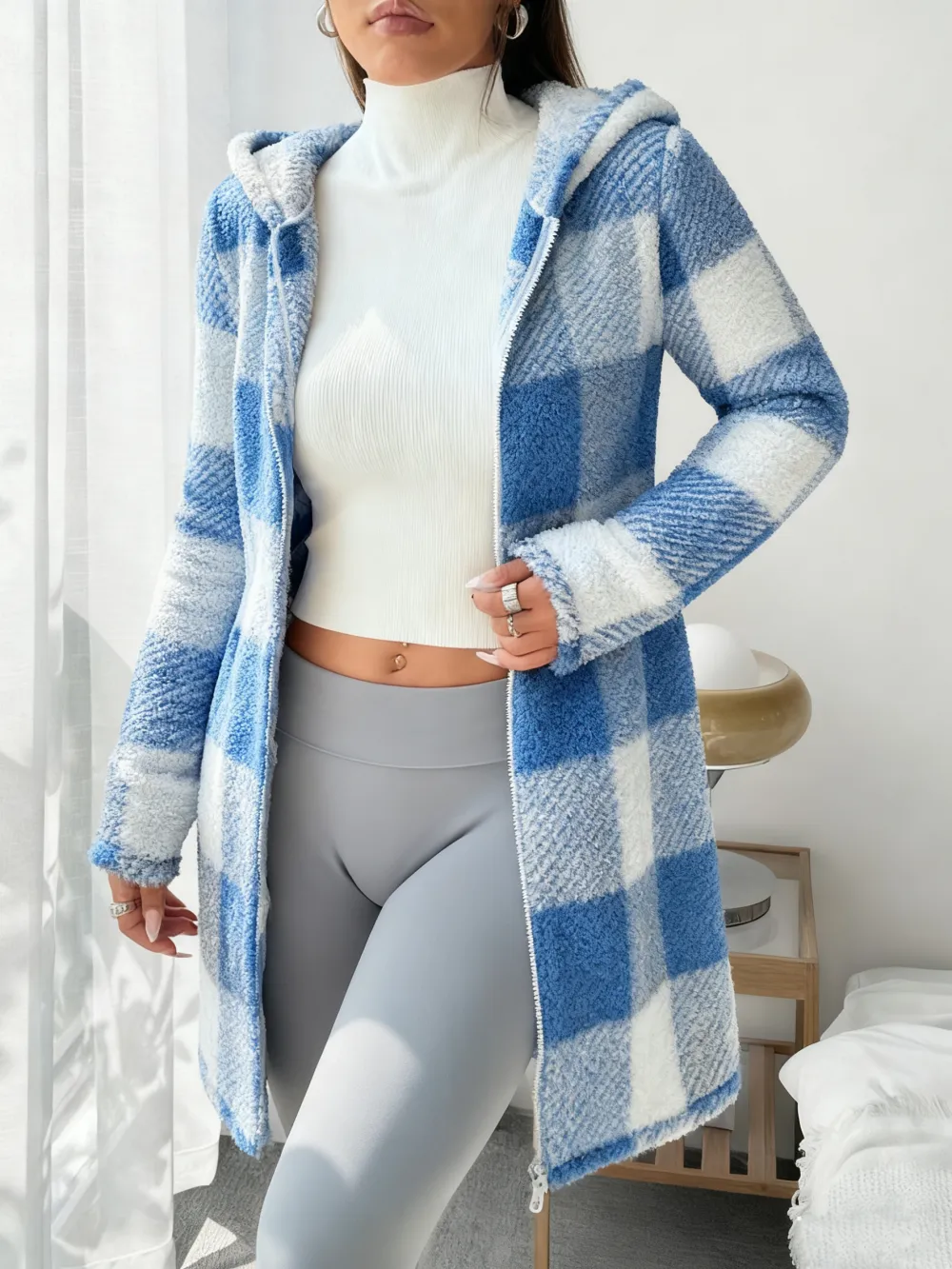 Women's Plaid Fleece Long Sleeve Hooded Coat