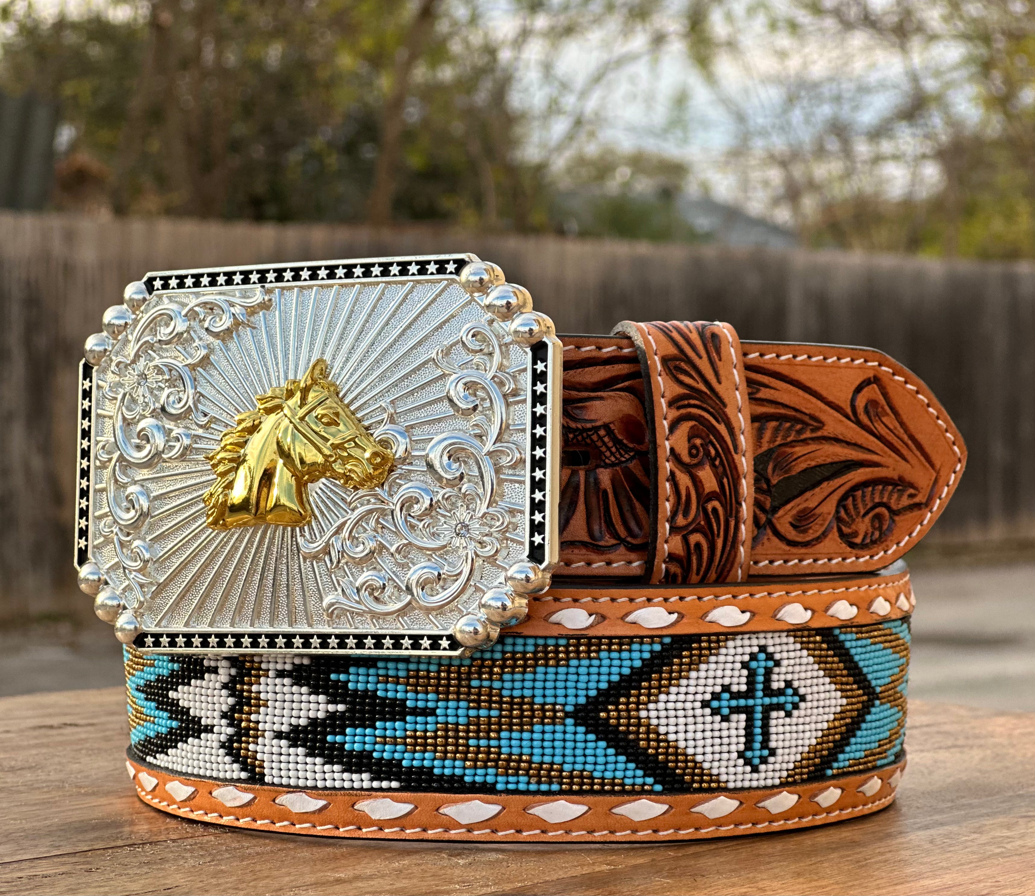 Hand-Tooled Artesanal Tabs With Blue  and White Beaded Leather Belt ( Read Description Before Ordering)