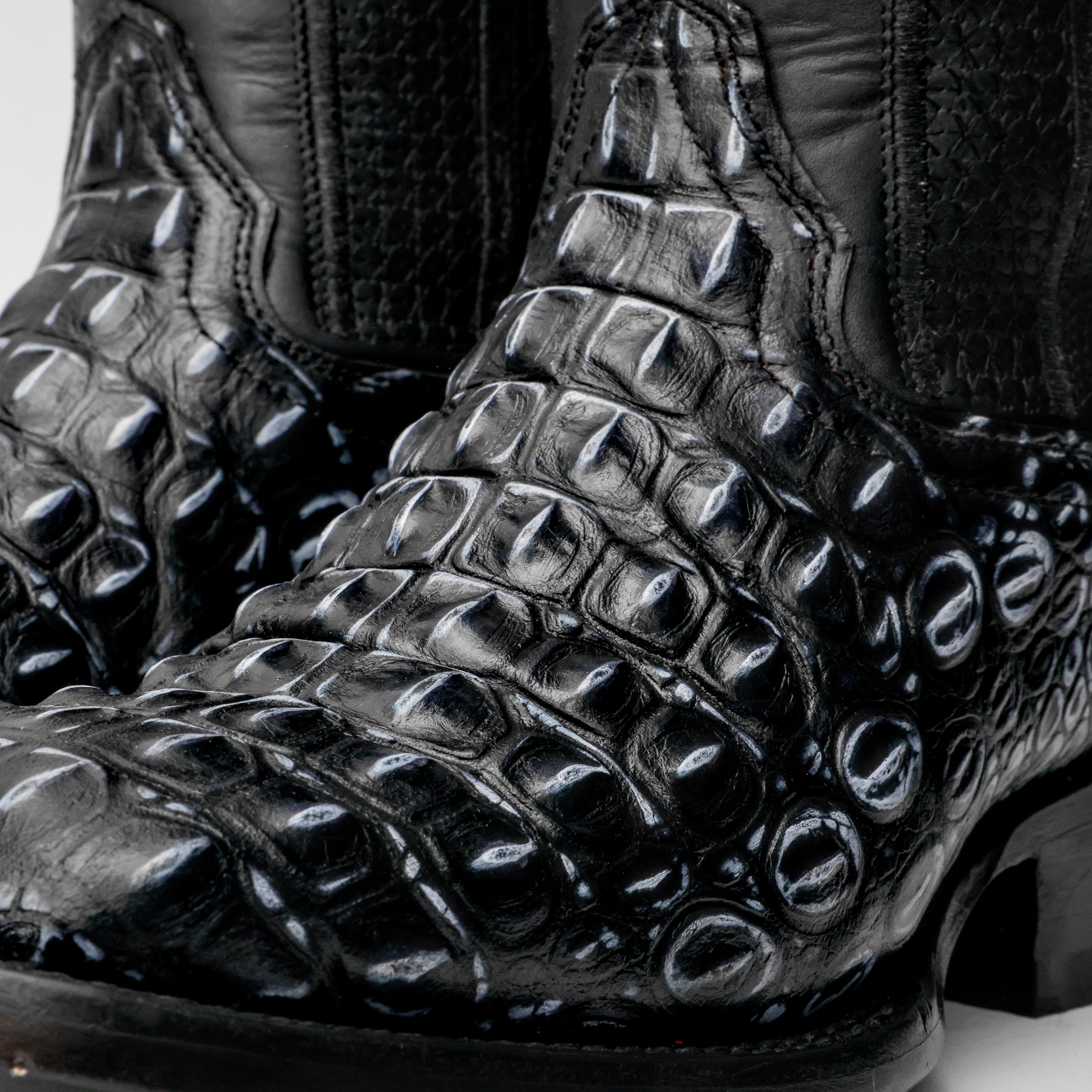 Black/Grey Caiman Hornback Leather Boots - Square Toe