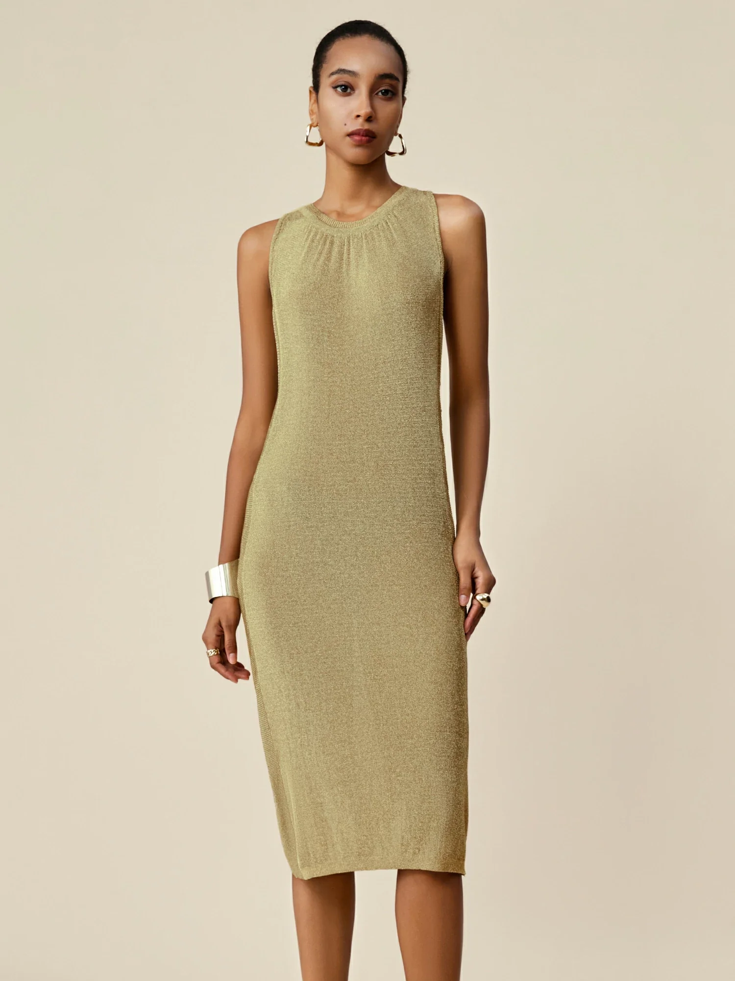 Metallic Yarn Round Neck Sleeveless Knitted Dress