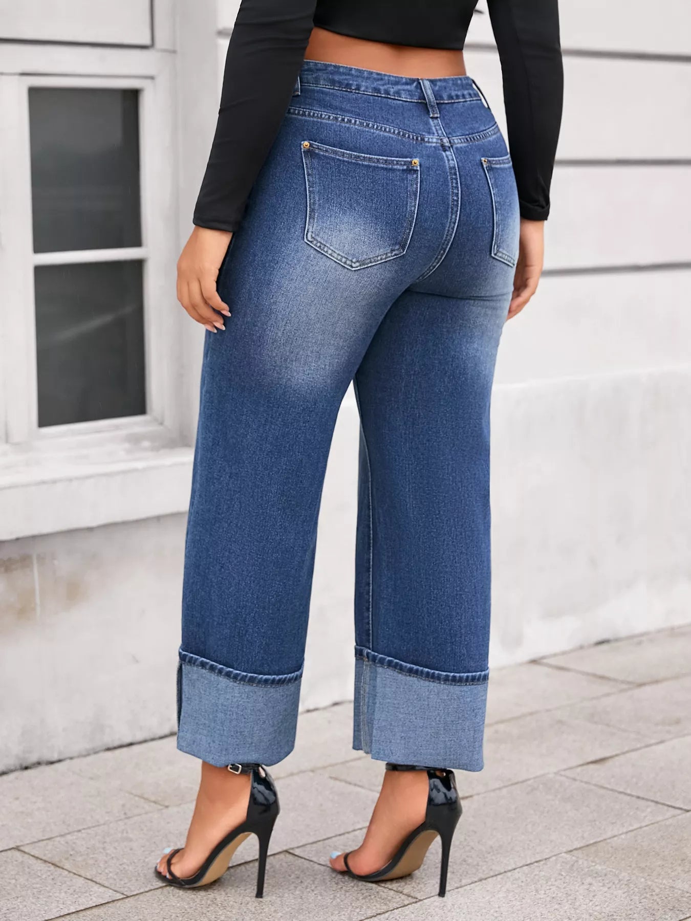 Plus Size High Waist Cuffed Wide Leg Jeans