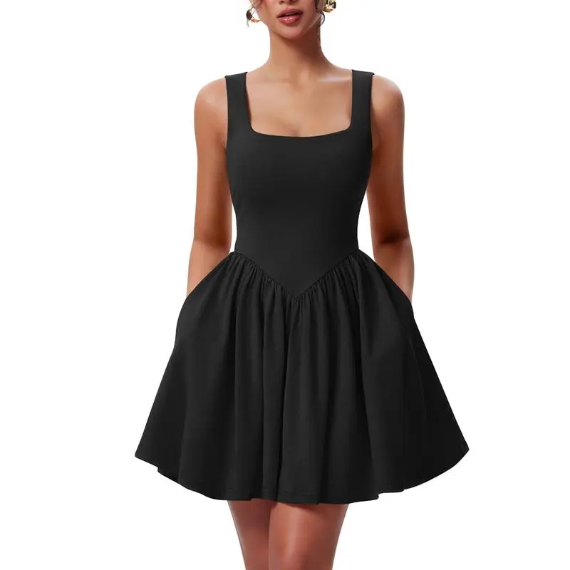 Women's Square Neck A-line Ruffle Hem Mini Tank Dress with Pockets