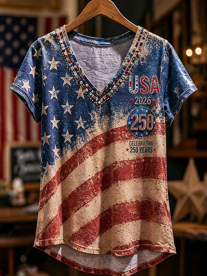Women'S V-Neck American 250 Celebration Printed T-Shirt