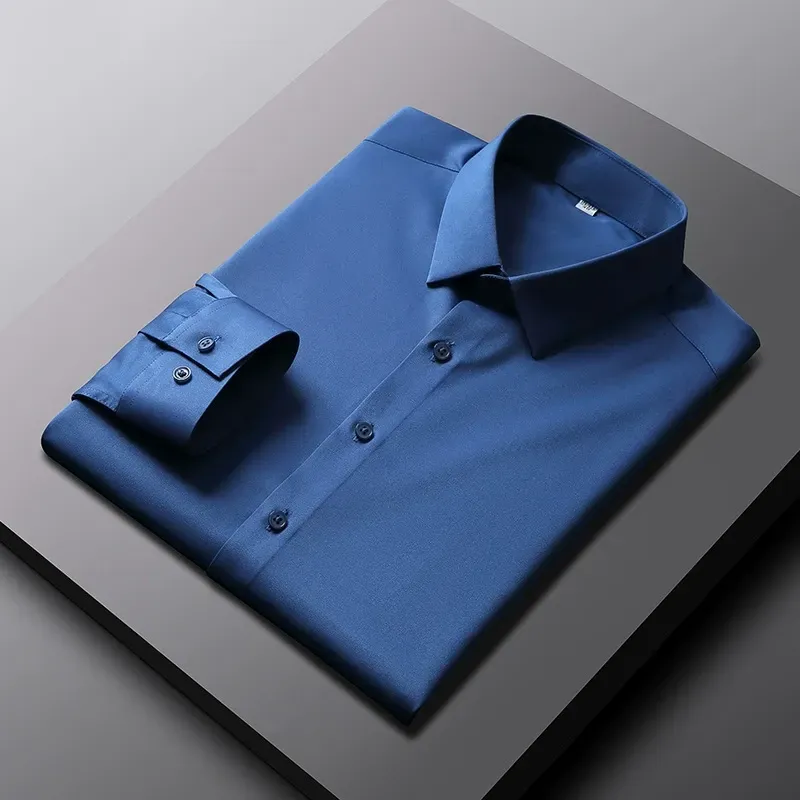 2025 New Elastic Silk White Shirt Men'S Long Sleeve Iron-Free Solid Color Breathable Casual Slim Business Men'S Shirt