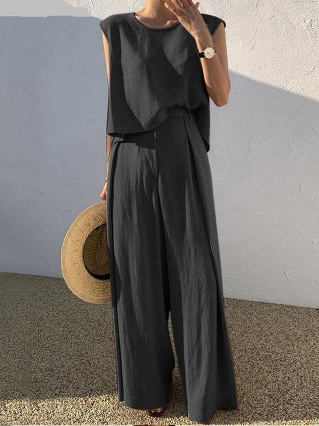 Crew Neck Plain Street Regular Fit Two-Piece Set