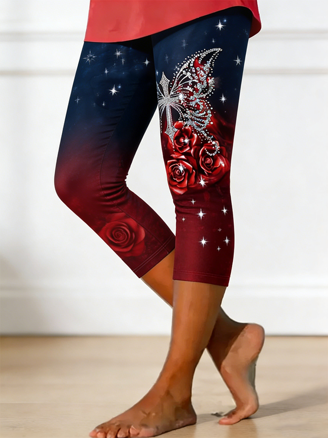Women's Galaxy Star Butterfly Rose Gradient Capri Leggings