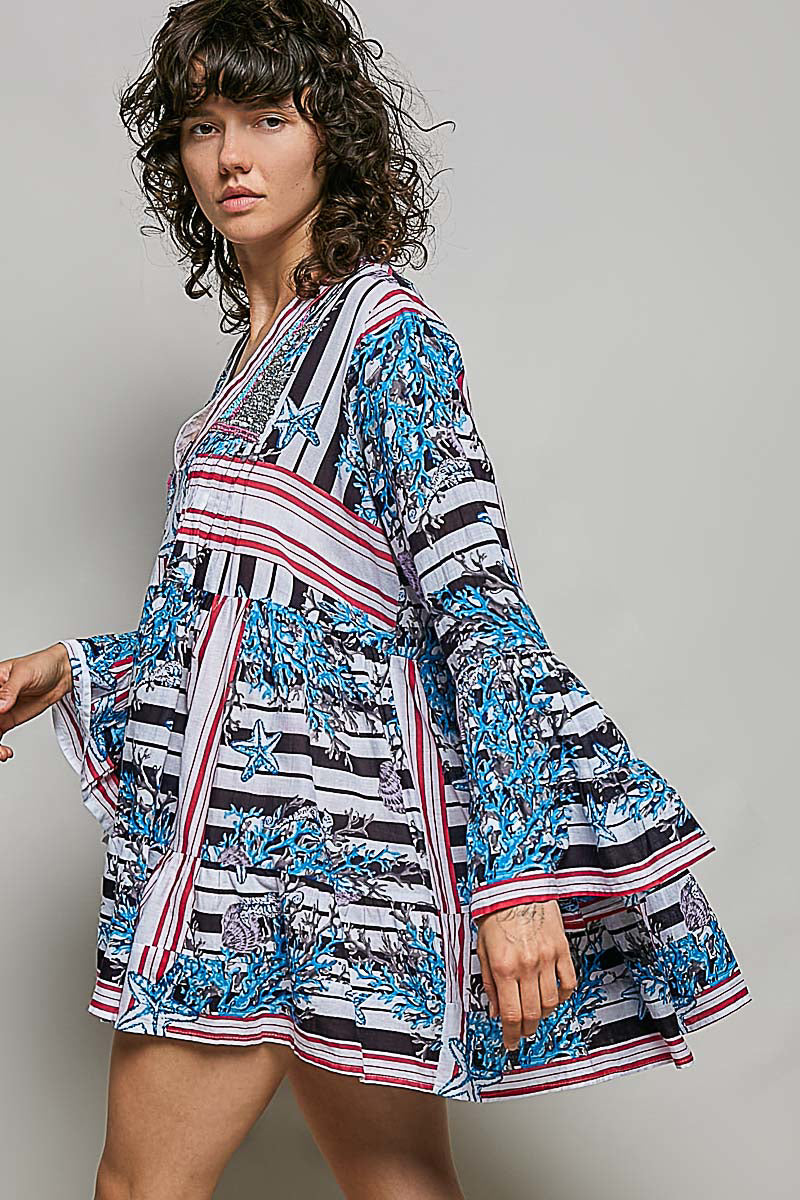 Striped Floral Long Sleeve Mini Dress with Pintuck Detail