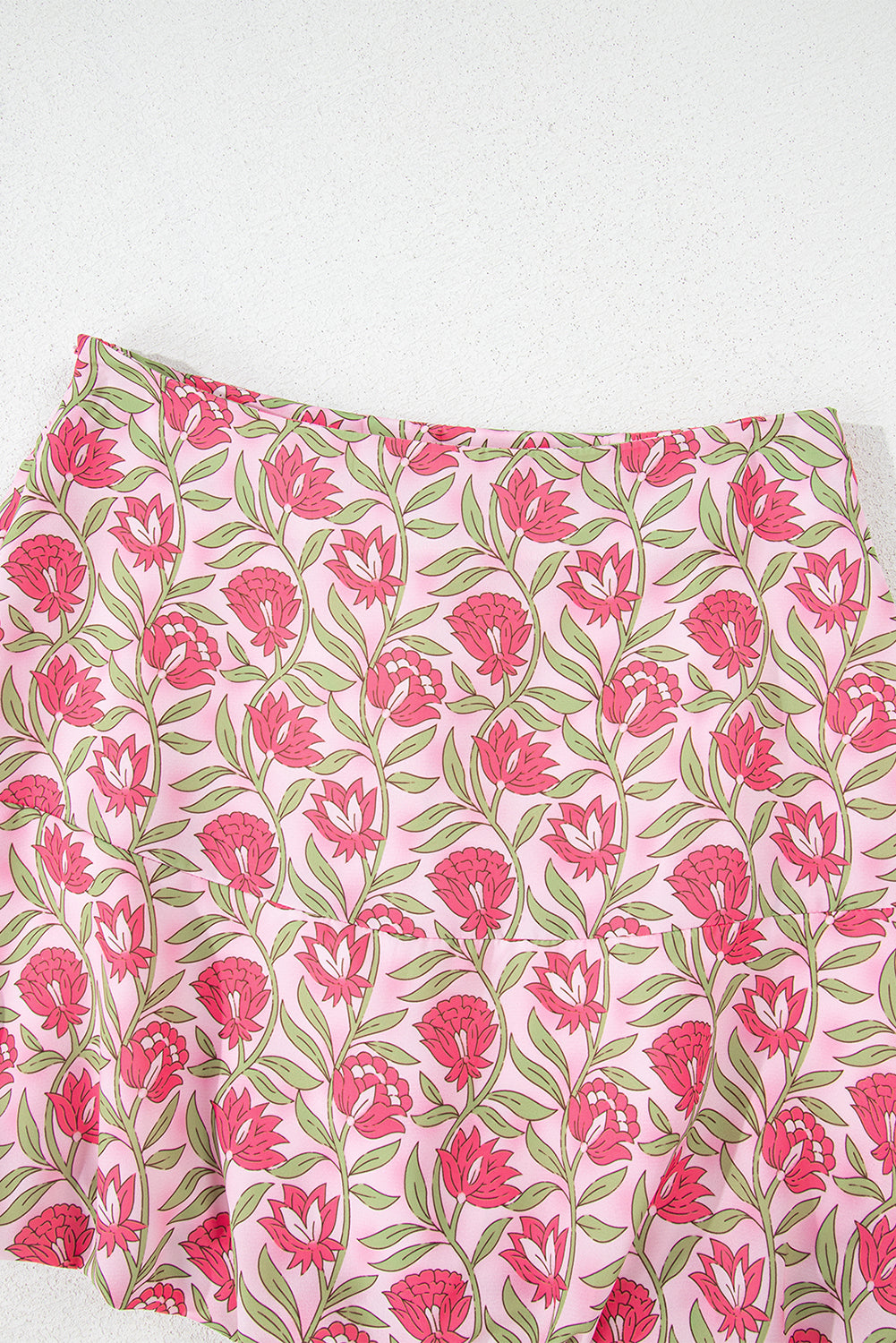 Pink Floral Print Puffy Cropped Tank And Mini Skirt Set