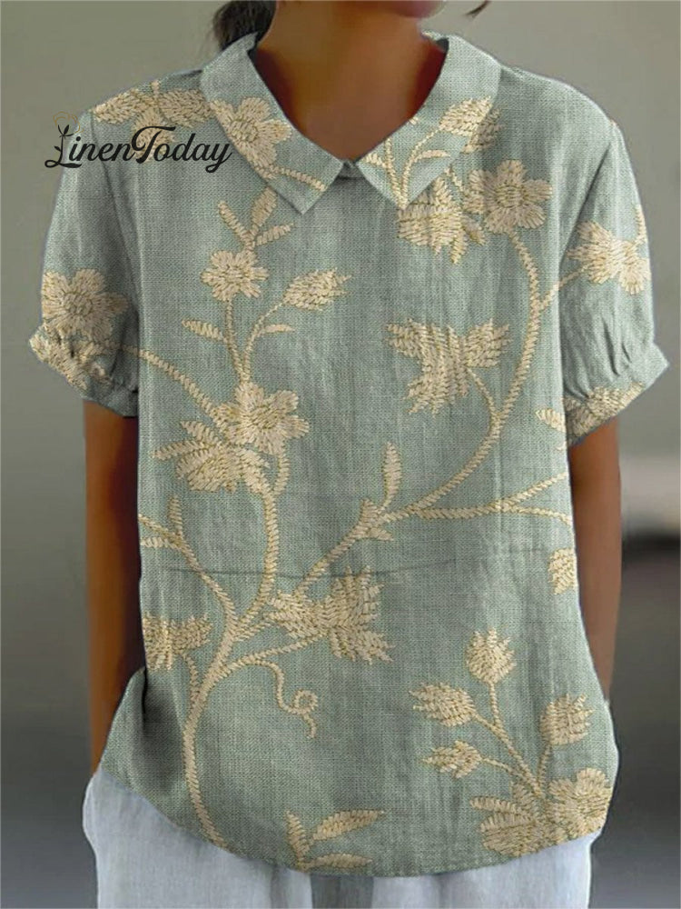 Women's Retro Floral Art Print Casual Cotton And Linen Shirt